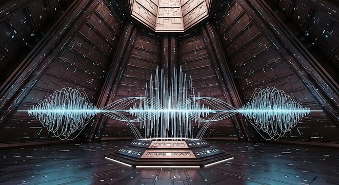 Abstract digital waveform displayed in futuristic interior environment