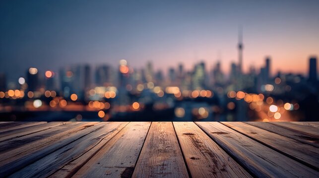 Wooden table with blurred city skyline background twilight sense of urban sophistication. High quality