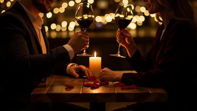 Couple enjoying a romantic date night, toasting with glasses of red wine over a candlelit table with rose petals