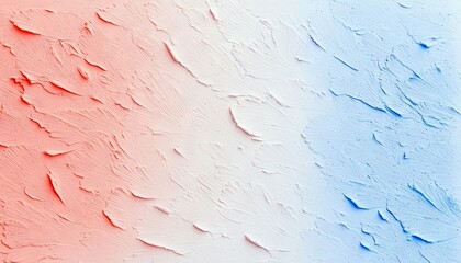 A close-up, abstract view of thick, textured paint strokes transitioning from a soft coral pink to a light sky blue, creating a gradient effect.