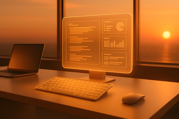 A warm sunset workspace with glowing orange holographic dashboards, perfect for illustrating digital productivity, data analytics, and modern remote work environments.