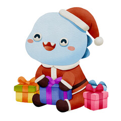 A cheerful creature in a Santa outfit, joyfully holding colorful gift boxes, exuding a festive and playful spirit. Watercolor Illustration isolated on white background.