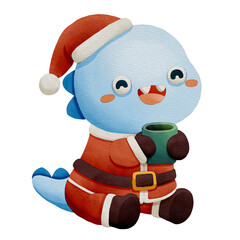 A cheerful blue creature in a Santa outfit holds a green mug, exuding a whimsical and festive spirit. Watercolor Illustration isolated on white background.