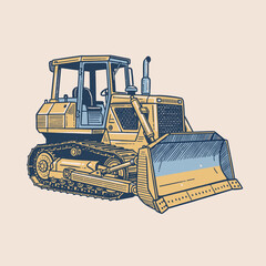 Vintage Bulldozer Illustration.Retro Construction Dozer Vector.Heavy Machinery Engraving Style.Distressed Industrial Vehicle Art.Classic Tracked Tract © panji
