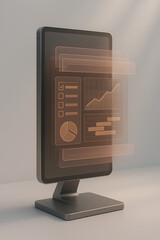 A sleek vertical monitor displaying layered orange holographic analytics panels, perfect for illustrating futuristic dashboards, data visualization, and modern tech interfaces.