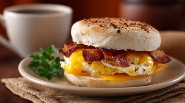 Delicious breakfast sandwich with egg, crispy bacon, and melted cheese on a warm english muffin, featuring a fresh morning meal presentation perfect for comfort food, brunch menus, and tasty homemade