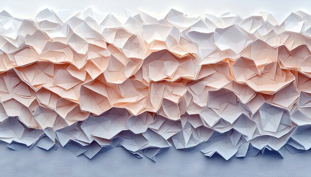 An abstract background composed of crumpled paper layers in a gradient of white, peach, and blue, illuminated by soft light. - Powered by Adobe
