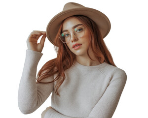 Young woman with red hair and freckles wearing a hat and glasses, looking at camera isolated on transparent background