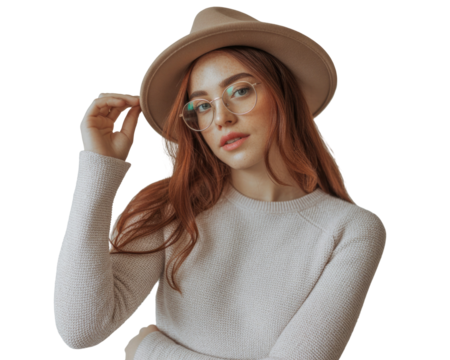 Young woman with red hair and freckles wearing a hat and glasses, looking at camera isolated on transparent background