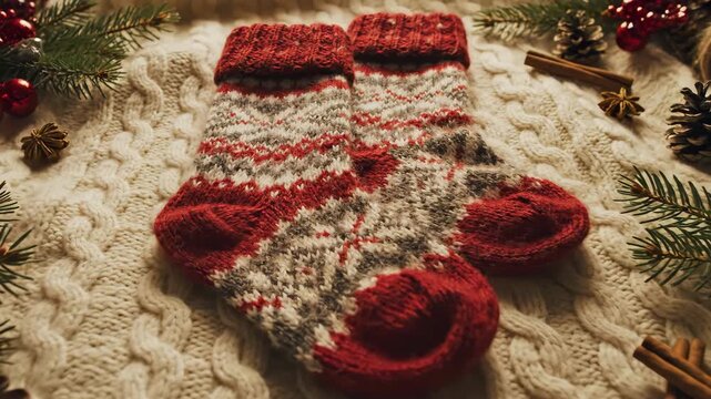 Cozy Christmas scene with red and white knitted socks on a textured cream blanket surrounded by festive pine branches, cinnamon sticks, pine cones, and red ornaments, evoking warm holiday vibes