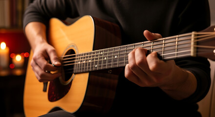 Fototapeta premium Create a warm and cozy atmosphere with acoustic guitar music by candlelight for relaxation, romantic evenings, or intimate gatherings, perfect for lifestyle or music blogs