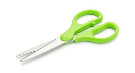 Bright green plastic handled scissors with silver metal blades isolated on white background
