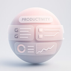 A soft pastel 3D sphere displaying minimal productivity charts and task indicators, ideal for illustrating workflow efficiency, digital analytics, and modern productivity tools.