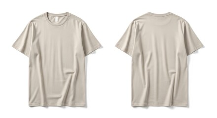 Two views of a light beige short sleeved t shirt with a textured ribbed fabric isolated on white background