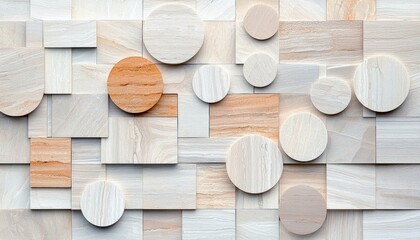 A visually interesting background composed of various sizes of rectangular and square tiles, interspersed with circular elements. The tiles feature natural ston