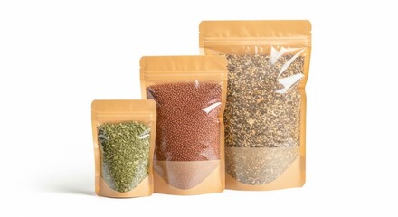 Three resealable brown paper and clear plastic pouches filled with various dried herbs and spices isolated on white background