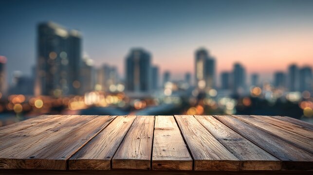 Wooden table with blurred city skyline background twilight sense of urban sophistication. High quality
