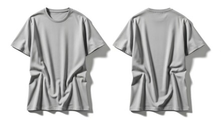 Two views of a plain grey t shirt front and back showcasing its relaxed fit and fabric texture isolated on white background