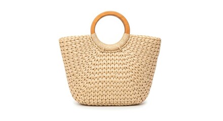A stylish woven straw tote bag with rounded wooden handles perfect for summer outings isolated on white background