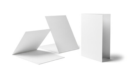 Three blank white folded brochures or flyers arranged on a clean white background for mockups isolated on white background