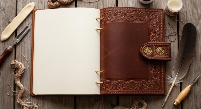 A leather-bound journal with an open blank page, surrounded by various writing tools and materials on a rustic wooden table.