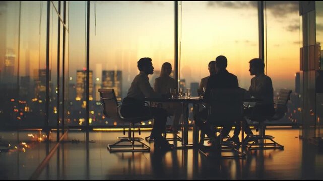 Business meeting silhouettes against cityscape