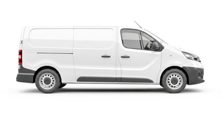 A pristine white cargo van with tinted windows and black trim showcasing its utility and modern design isolated on white background