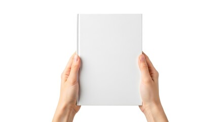 Two human hands holding a blank white rectangular object vertically isolated on white background