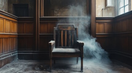 Abandoned chair in a smoky, vintage room with wooden paneling.