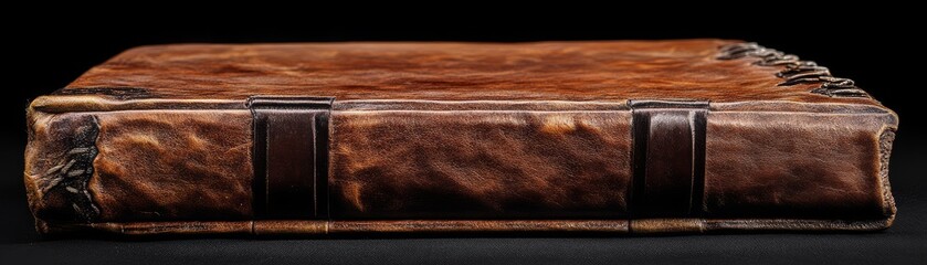 An antique leather-bound book with intricate detailing and texture.