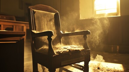 An old, dusty armchair illuminated by warm sunlight.