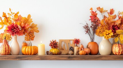 Autumn decoration with vibrant flowers and pumpkins.