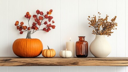 Autumn decorations on a wooden shelf.