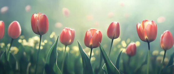 Beautiful pink tulips blooming in soft natural light.