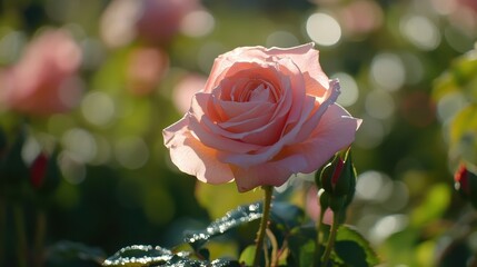 Beautiful pink rose in soft morning light.