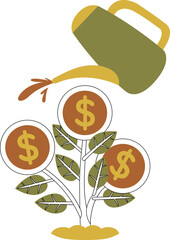 Watering Can Pouring Water onto Dollar Coin Plant