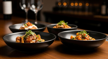 Elegant appetizer spread invites diners to savor delicious tastes and textures at upscale restaurant, perfect for culinary blogs and restaurant promotions