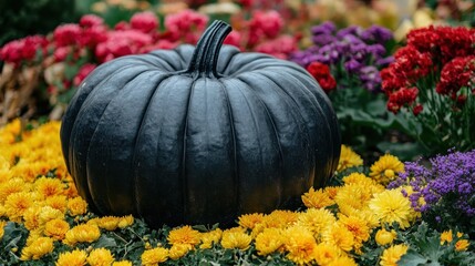 Black pumpkin among vibrant autumn flowers.
