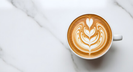 Coffee latte with beautiful rosetta art on a white marble surface, top view