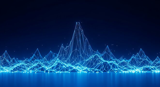 Futuristic Blue Wireframe Landscape with Glowing Nodes