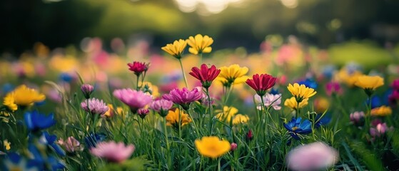 A vibrant field of colorful wildflowers in full bloom.
