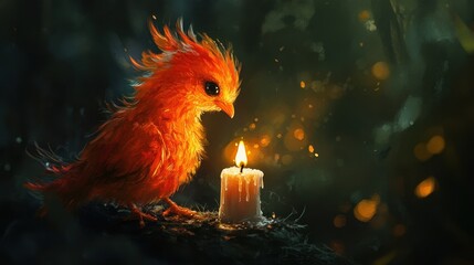 A vibrant, mystical bird gazes at a flickering candlelight.