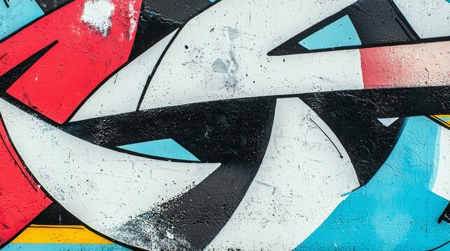 A close-up view of a graffiti artwork featuring abstract geometric shapes in bold red, white, black, and blue colors on a textured wall surface.