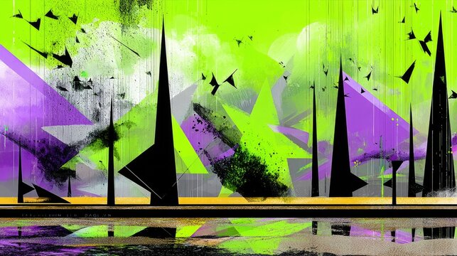 An abstract, stylized cityscape featuring sharp, dark silhouettes of buildings or spires against a background of vibrant neon green and purple geometric shapes.