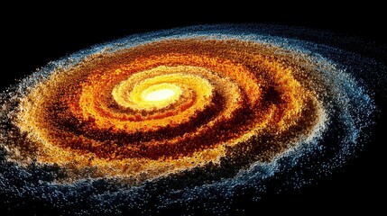 A stunning, abstract representation of a spiral galaxy, with a bright yellow core and swirling arms composed of countless small particles in shades of orange, r
