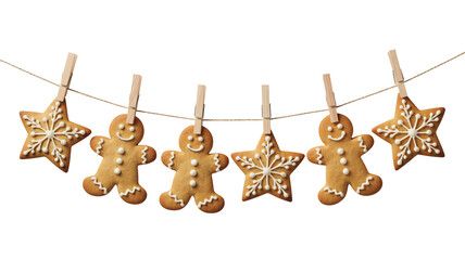 Festive gingerbread cookies hanging from twine, holiday baking and sweet treats for winter fun