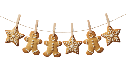 Festive gingerbread cookies hanging from twine, holiday baking and sweet treats for winter fun