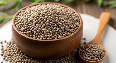 Obraz premium Healthy whole hemp seeds in a wooden bowl with a spoon, a nutritious superfood for a balanced diet and wellness