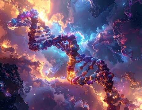 A vibrant artistic depiction of a DNA strand floating through a nebula-like sky, using contrasting hues of orange and blue