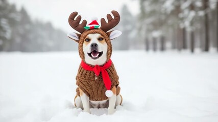 Dog wearing reindeer costume sitting in snow during winter 